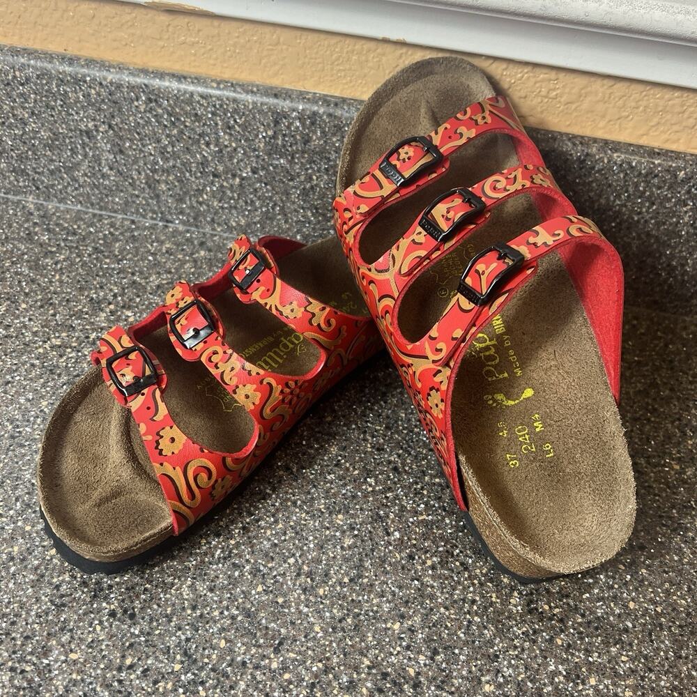 Papillio By Birkenstock Florida Three Strap Womens Sz 6 N EU 37 Red Floral Swirl - Picture 2 of 12